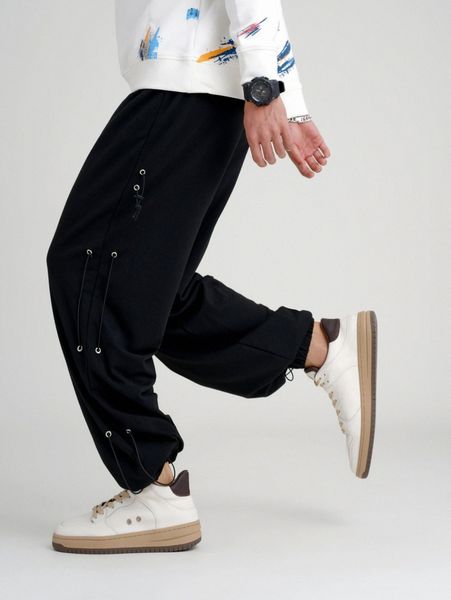 men grommet drawstring side pants b5vk#, Black