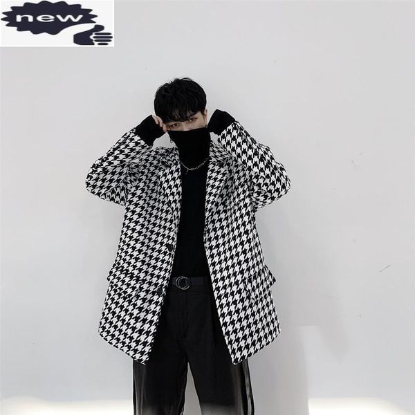 mens loose fit tweed black white plaid blazers korean style casual male jacket fashion designer single breasted suit coats men's suits, White;black
mens loose fit tweed black white plaid blazers korean style casual male jacket fashion designer single breasted suit coats men's suits, White;black