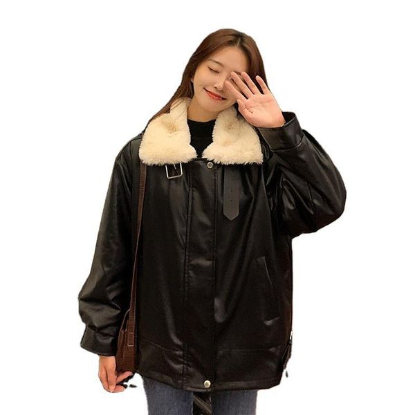 women's leather & faux fashion loose plus velvet thick pu jacket mid-length imitation lamb hair long-sleeved zipper, Black
women's leather & faux fashion loose plus velvet thick pu jacket mid-length imitation lamb hair long-sleeved zipper, Black