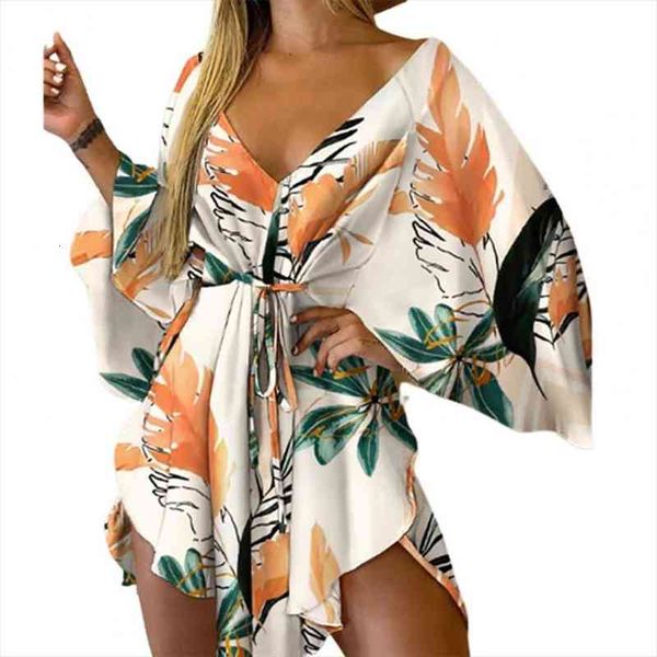 summer asymmetrical hem mini women dress tropical print tie front v neck beachwear irregular batwing sleeve, Black;gray 
summer asymmetrical hem mini women dress tropical print tie front v neck beachwear irregular batwing sleeve, Black;gray