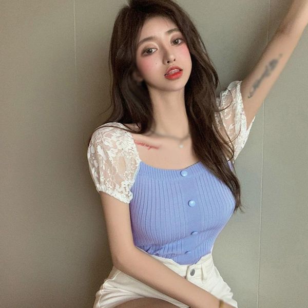 women's t-shirt female short sleeve breasted slim t-shirts women lace stitching, White
women's t-shirt female short sleeve breasted slim t-shirts women lace stitching, White