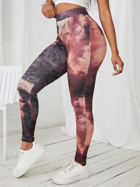 sxy tie dye elastic waist leggings p7my#, Black