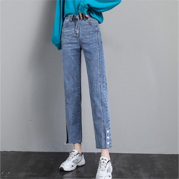women's jeans small straight spring and autumn models 2021 high-waisted nine-point slit cigarette tube pants, Blue
women's jeans small straight spring and autumn models 2021 high-waisted nine-point slit cigarette tube pants, Blue