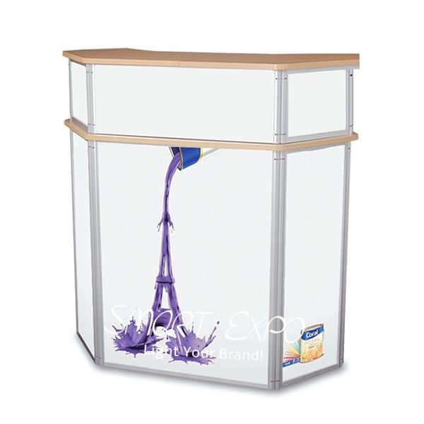 portable reception counter prismatic style retail supplies for trade show with folding gear structure hdf table shelf pvc printed graphics
portable reception counter prismatic style retail supplies for trade show with folding gear structure hdf table shelf pvc printed graphics