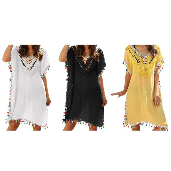 women's swimwear summer hand hook stitching color tassel backless v-neck beach sunscreen blouse, White;black
women's swimwear summer hand hook stitching color tassel backless v-neck beach sunscreen blouse, White;black