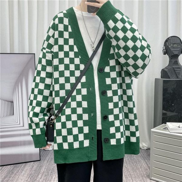 men's sweaters plaid sweater korean casual cardigan fashion loose jacket streetwear long sleeve knit, White;black