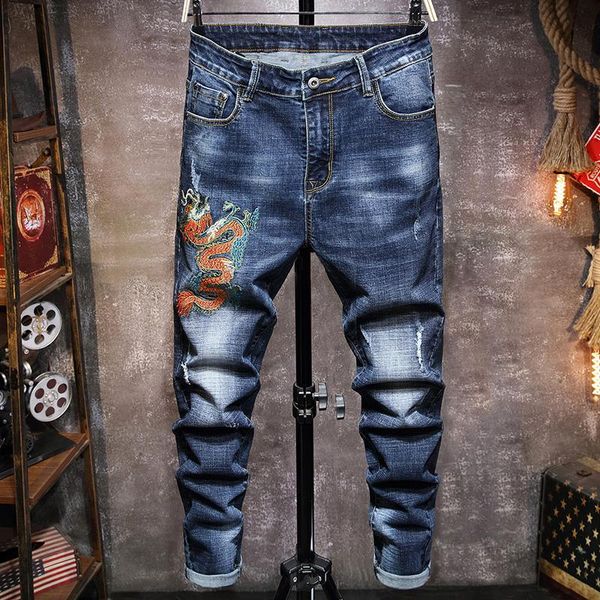 men's jeans embroidered slim fashion high street chinese style ripped denim trousers casual boys hip hop hole trendy clothes, Blue
men's jeans embroidered slim fashion high street chinese style ripped denim trousers casual boys hip hop hole trendy clothes, Blue
