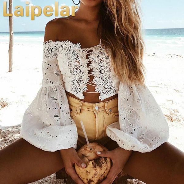 women's t-shirt laipelar women lace slash neck shirt off the shoulder solid long flare sleeve ruffle crop hollow out blusas, White
women's t-shirt laipelar women lace slash neck shirt off the shoulder solid long flare sleeve ruffle crop hollow out blusas, White