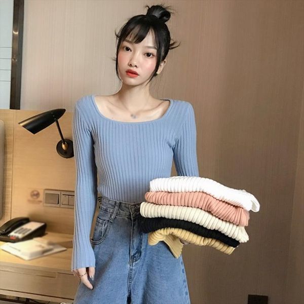 women square collar solid color womens sweaters spring autumn fashion casual long sleeve knitted bottoming ., White;black
women square collar solid color womens sweaters spring autumn fashion casual long sleeve knitted bottoming ., White;black