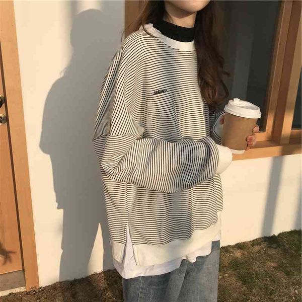 2021 new style sweater women's autumn korean version fake two striped thin coats and loose clothes for students, Black
2021 new style sweater women's autumn korean version fake two striped thin coats and loose clothes for students, Black