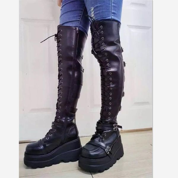 boots thigh high fashion design punk lace up knee platform motorcycle women wedges cosplay size 35-43, Black
boots thigh high fashion design punk lace up knee platform motorcycle women wedges cosplay size 35-43, Black
