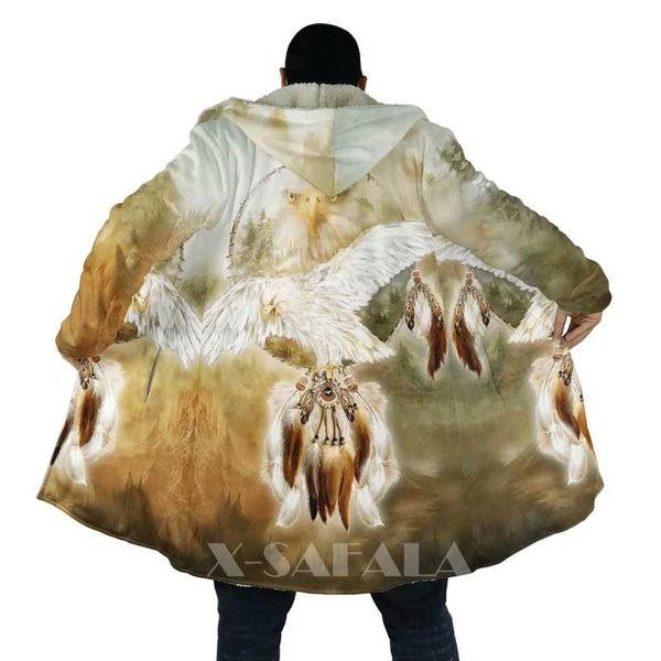 men's wool & blends native totem feather eagle skull all over 3d printed thick warm hooded cloak for men windproof fleece casual-41, Black