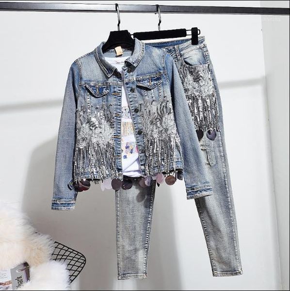 women's jackets european autumn women fashion sequins short denim jacket coat + hole jeans two piece vintage set student streetwear1 yr, Black;brown
women's jackets european autumn women fashion sequins short denim jacket coat + hole jeans two piece vintage set student streetwear1 yr, Black;brown