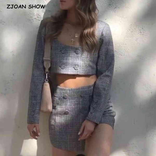 two piece dress buttons cropped women check plaid woolen blazer irregular cross slit mini skirt long sleeve suits 2 pieces se, White
two piece dress buttons cropped women check plaid woolen blazer irregular cross slit mini skirt long sleeve suits 2 pieces se, White