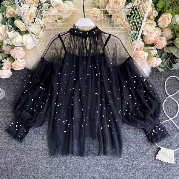 spring autumn women's blouses retro style beaded lantern sleeve shirt loose mesh lace long female gx511 210507, White
spring autumn women's blouses retro style beaded lantern sleeve shirt loose mesh lace long female gx511 210507, White
