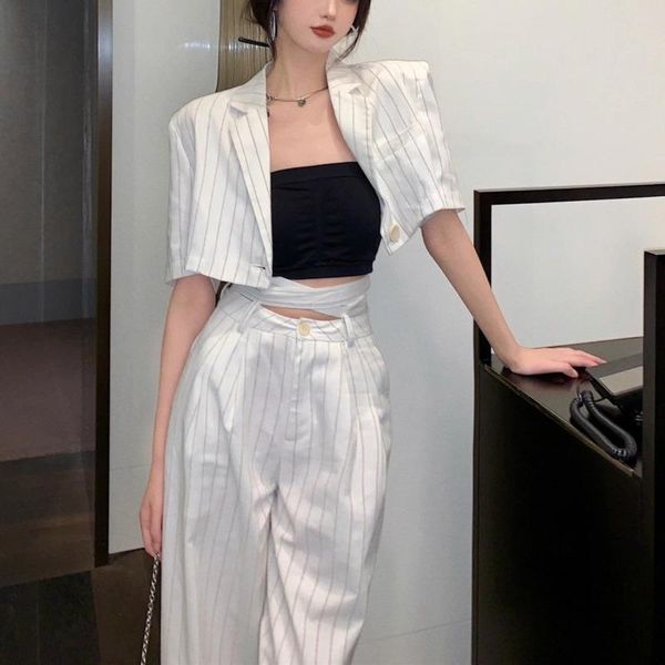 women's two piece pants korean fashion summer striped set women crop blazer coat + wide leg pant suits sets vintage 2, White
women's two piece pants korean fashion summer striped set women crop blazer coat + wide leg pant suits sets vintage 2, White
