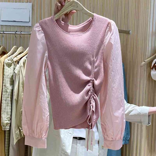 spring long sleeve patchwork knit blouses woman shirts simple o-neck blusa mujer chic drawstring design women knitted 210514, White
spring long sleeve patchwork knit blouses woman shirts simple o-neck blusa mujer chic drawstring design women knitted 210514, White