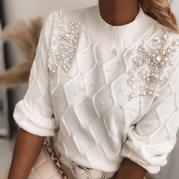 knitted o neck sleeve solid color sweater pearls office lady pull 2021 spring autumn, White;black
knitted o neck sleeve solid color sweater pearls office lady pull 2021 spring autumn, White;black