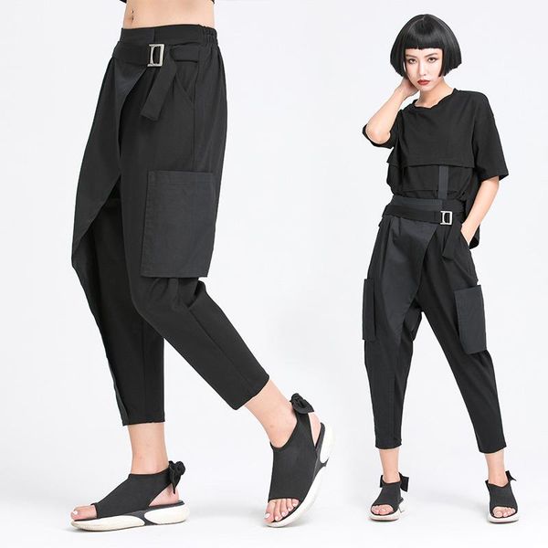 women's pants & capris personality streetwear women for high waist splicing pocket harem loose cargo, Black;white
women's pants & capris personality streetwear women for high waist splicing pocket harem loose cargo, Black;white