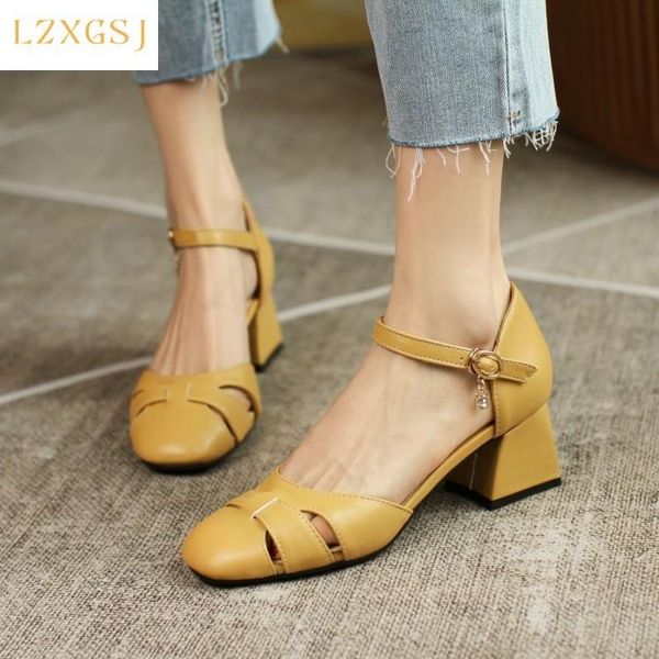 sandals thick heel cover modern leather round hollow out one tape word plus size 43 female office party shoes, Black
sandals thick heel cover modern leather round hollow out one tape word plus size 43 female office party shoes, Black