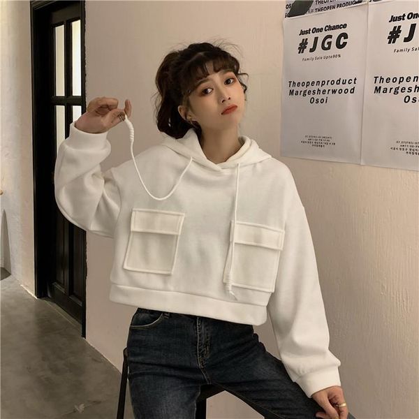 women's hoodies & sweatshirts long sleeve loose casual hooded short crop spring autumn clothing pockets pullovers korean style, Black
women's hoodies & sweatshirts long sleeve loose casual hooded short crop spring autumn clothing pockets pullovers korean style, Black