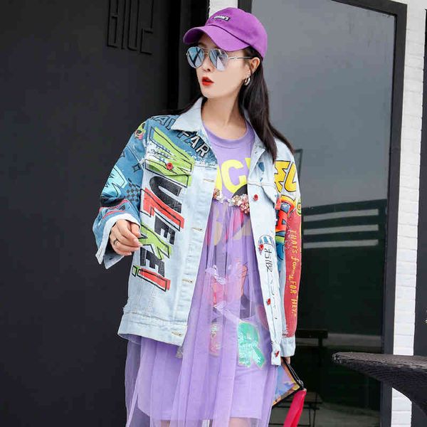 european thai station cartoon fashion alphabet printed graffiti denim jacket ladies loose versatile blouse, Black;brown
european thai station cartoon fashion alphabet printed graffiti denim jacket ladies loose versatile blouse, Black;brown