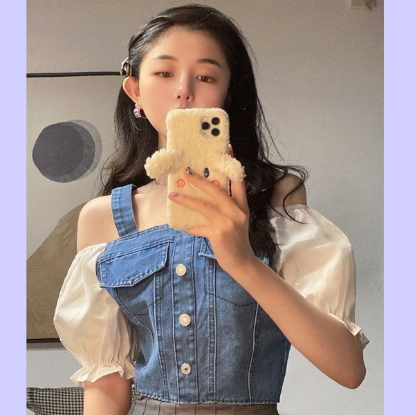 summer french style puff sleeve female korean design sense stitching strapless short denim shirt women's tide 2021 t-shirt, White
summer french style puff sleeve female korean design sense stitching strapless short denim shirt women's tide 2021 t-shirt, White