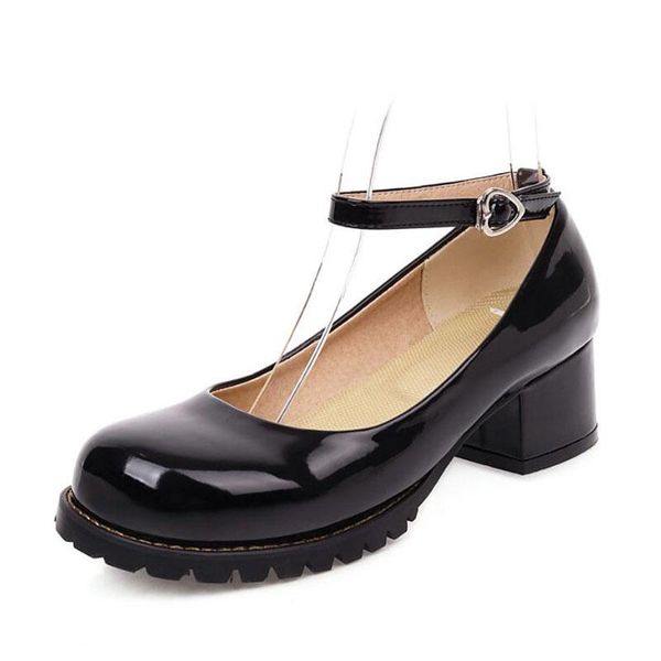 dress shoes large round toe mid-heel patent leather retro college style women's black and white oxford buckle ankle strap pumps