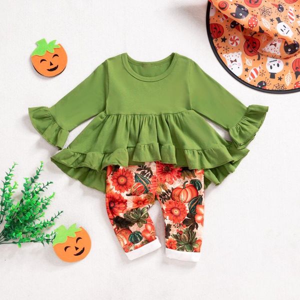 clothing sets toddler baby girl 2pcs fall clothes long sleeve green ruffle and pumpkin pants set children, White