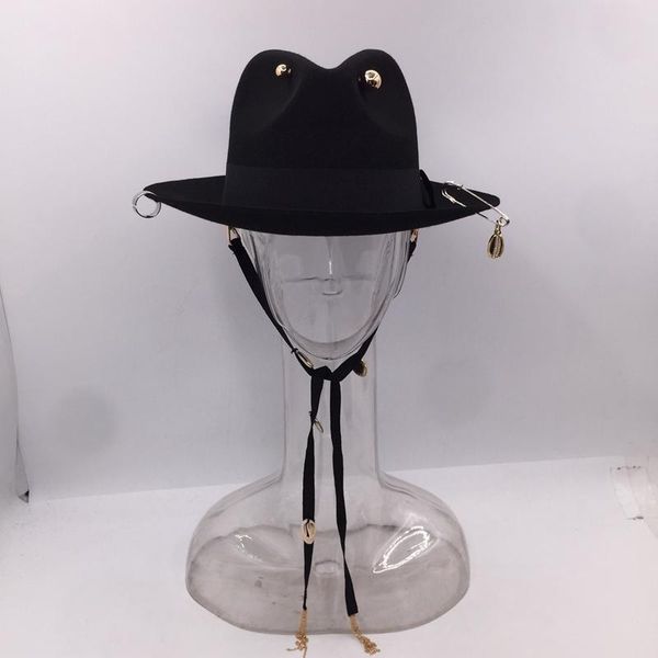 stingy brim hats in the fall and winter black wool hat for women men banama with ribbons pins shells, Blue;gray
stingy brim hats in the fall and winter black wool hat for women men banama with ribbons pins shells, Blue;gray