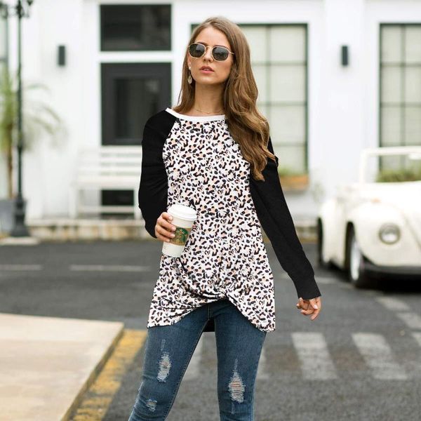 women's t-shirt european and american 2021 fashion leopard print twist stitching long-sleeved top, White
women's t-shirt european and american 2021 fashion leopard print twist stitching long-sleeved top, White