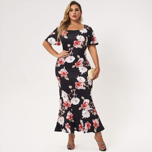 summer maxi plus size black women dress floral print short sleeve ruffle hem square collar slim elegant mermaid robes, Black;gray
summer maxi plus size black women dress floral print short sleeve ruffle hem square collar slim elegant mermaid robes, Black;gray