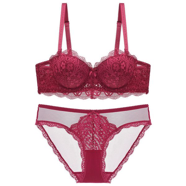 bra set lace underwear deep v gathered up thin bottom thick women's suit, Red;black
bra set lace underwear deep v gathered up thin bottom thick women's suit, Red;black