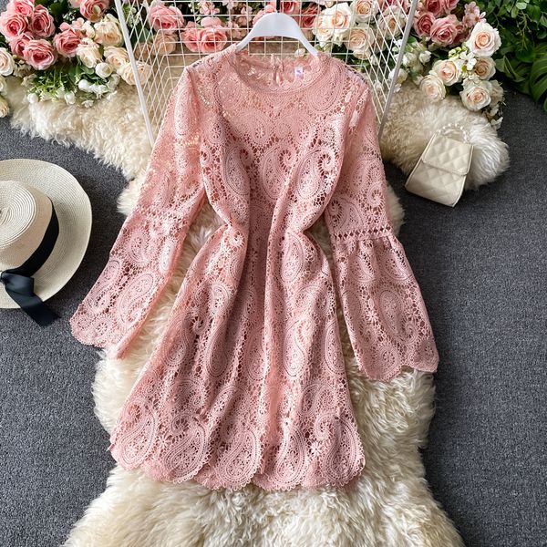sweet pink/black/white lace hollow out mini dress women autumn 2021 elegant round neck long sleeve a-line vestidos female robe, Black;gray
sweet pink/black/white lace hollow out mini dress women autumn 2021 elegant round neck long sleeve a-line vestidos female robe, Black;gray