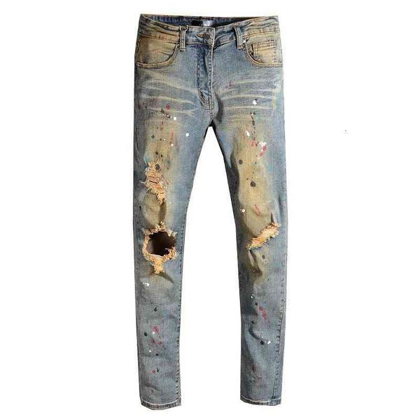 tide brand high street 556 slim pants with holes and wear am used paint splashed jeans, Blue
tide brand high street 556 slim pants with holes and wear am used paint splashed jeans, Blue