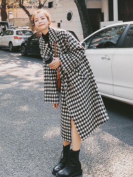 women's wool & blends thousand bird woolen coat for middle school long small person korean loose style in autumn and, Black
women's wool & blends thousand bird woolen coat for middle school long small person korean loose style in autumn and, Black