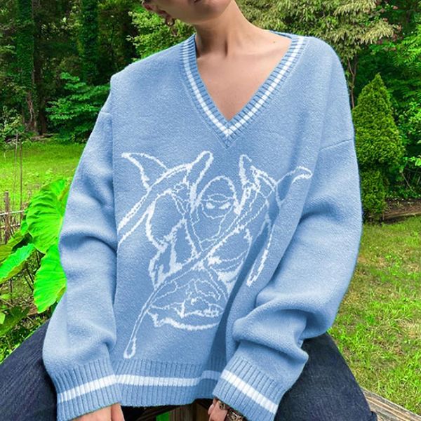 women's sweaters autumn winter y2k vintage print women v neck gothic harajuku casual long sleeve oversize knitted pullovers, White;black
women's sweaters autumn winter y2k vintage print women v neck gothic harajuku casual long sleeve oversize knitted pullovers, White;black