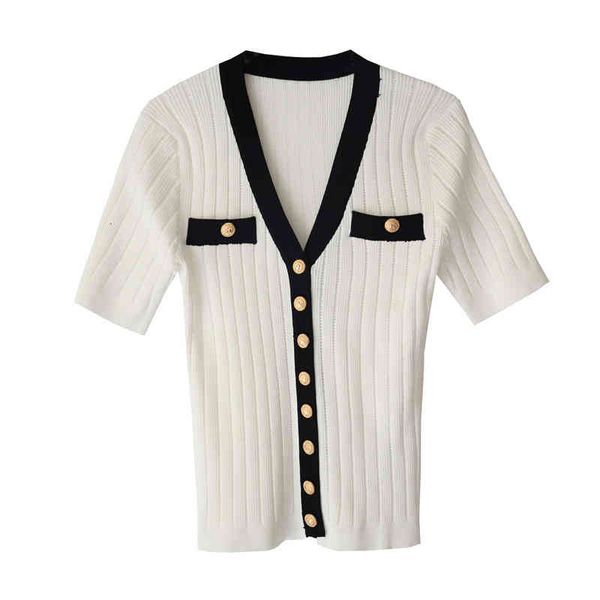 2021 spring and summer new song bead contrast color v-neck single breasted false pocket slim fit versatile sweater blouse women, Black
2021 spring and summer new song bead contrast color v-neck single breasted false pocket slim fit versatile sweater blouse women, Black