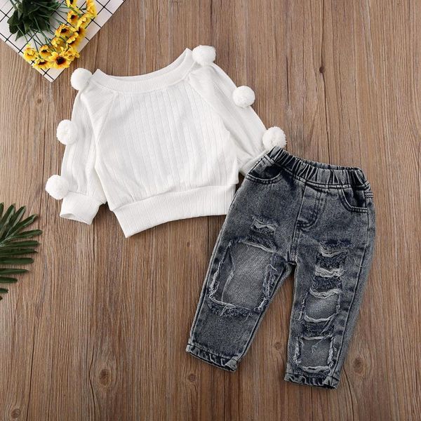 1-5y toddler kids baby girls winter clothes sets balls sweater pullover ripped denim pants outfits clothing, White
1-5y toddler kids baby girls winter clothes sets balls sweater pullover ripped denim pants outfits clothing, White