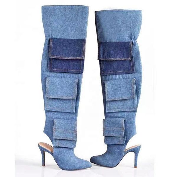 boots blue 43 denim fabric for women open heel over knee high pockets autumn ankle thin, Black
boots blue 43 denim fabric for women open heel over knee high pockets autumn ankle thin, Black