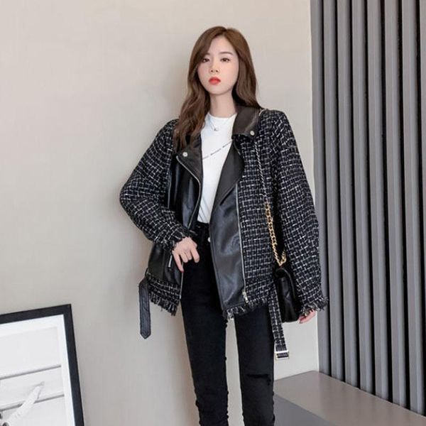 women's leather & faux korean short weave houndstooth burrs patchwork jacket plus belt spring autumn casual biker female streetwear, Black
women's leather & faux korean short weave houndstooth burrs patchwork jacket plus belt spring autumn casual biker female streetwear, Black