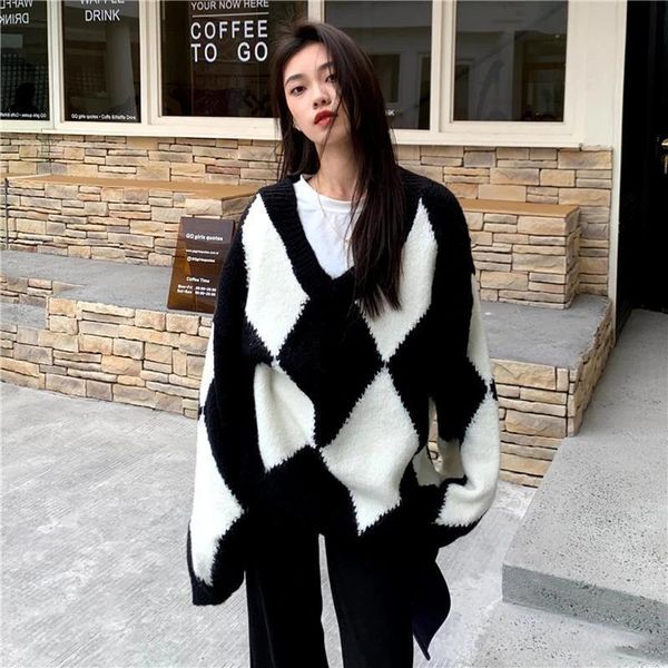 women's sweaters lazy style contrast color diamond sweater autumn and winter korean version 2021 v-neck loose thick long-sleeved knitte, White;black
women's sweaters lazy style contrast color diamond sweater autumn and winter korean version 2021 v-neck loose thick long-sleeved knitte, White;black