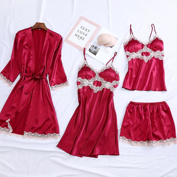 women's sleepwear lisacmvpnel pajamas women ice silk four-piece suit autumn with chest pad pyjamas vikk, Black;red
women's sleepwear lisacmvpnel pajamas women ice silk four-piece suit autumn with chest pad pyjamas vikk, Black;red
