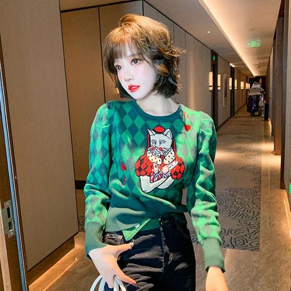 women's sweaters vintage women cartoon cat green plaid knitted sweater fashion puff sleeve laides jumper knitwear, White;black
women's sweaters vintage women cartoon cat green plaid knitted sweater fashion puff sleeve laides jumper knitwear, White;black
