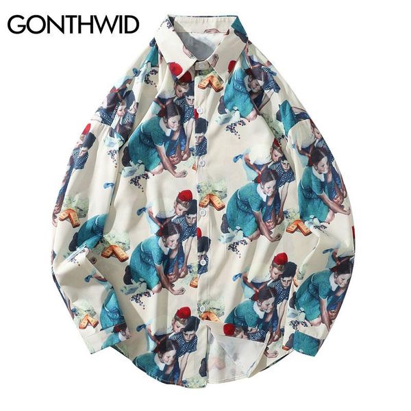 men's casual shirts gonthwid vintage painting print long sleeve dress harajuku button up shirt streetwear hip hop men fashion, White;black
men's casual shirts gonthwid vintage painting print long sleeve dress harajuku button up shirt streetwear hip hop men fashion, White;black