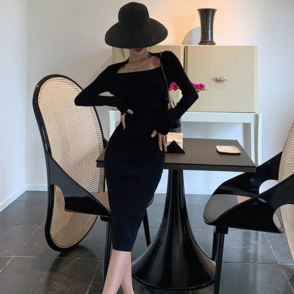 casual dresses fashion vintage square collar long sleeve split midi party dress women elegant knitted bodycon skinny black pencil female, Black;gray 
casual dresses fashion vintage square collar long sleeve split midi party dress women elegant knitted bodycon skinny black pencil female, Black;gray