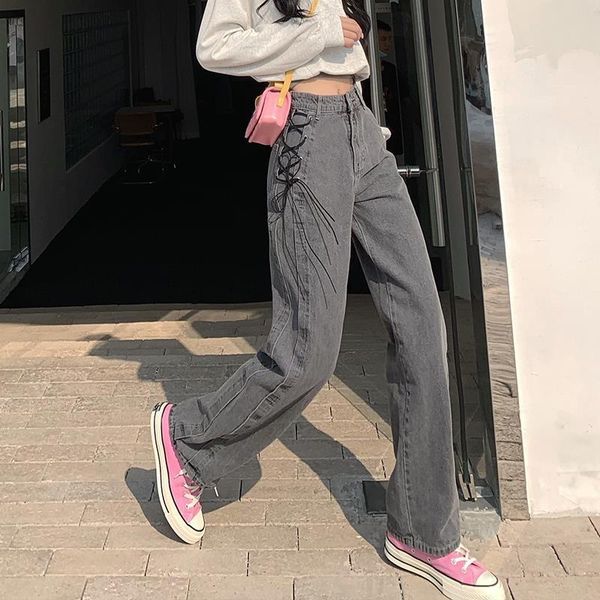women's jeans vintage woman high waist korean pants loose y2k gray lace up denim fashion streetwear cute wide leg, Blue 
women's jeans vintage woman high waist korean pants loose y2k gray lace up denim fashion streetwear cute wide leg, Blue