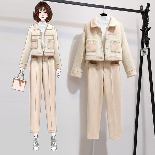 winter women 2 piece pants set pockets lamb wool turn down collar short jacket outerwear + woolen pant suit women's tracksuits, Gray
winter women 2 piece pants set pockets lamb wool turn down collar short jacket outerwear + woolen pant suit women's tracksuits, Gray