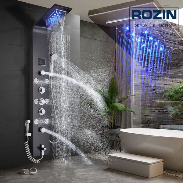 led light shower faucet bathroom waterfall rain black shower panel in wall shower system with spa massage sprayer and bidet tap
led light shower faucet bathroom waterfall rain black shower panel in wall shower system with spa massage sprayer and bidet tap