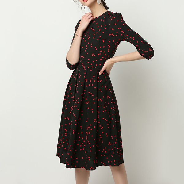 women long dresses spring summer dots printed half sleeve female pleated elegent slim long 210524, Black;gray
women long dresses spring summer dots printed half sleeve female pleated elegent slim long 210524, Black;gray